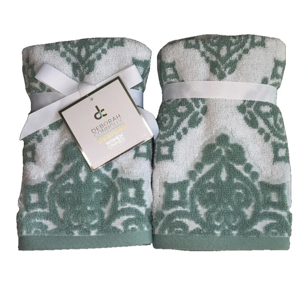 Deborah Connolly Fingertip Towels Green White Chenille Sculptured Set of 2